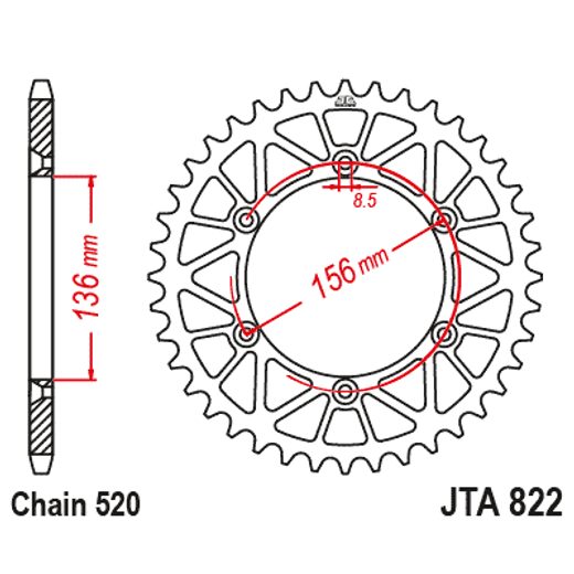 Aluminijasti zadnji verižnik (zobnik) JT JTA 822-44BLK 44T, 520 Črn
